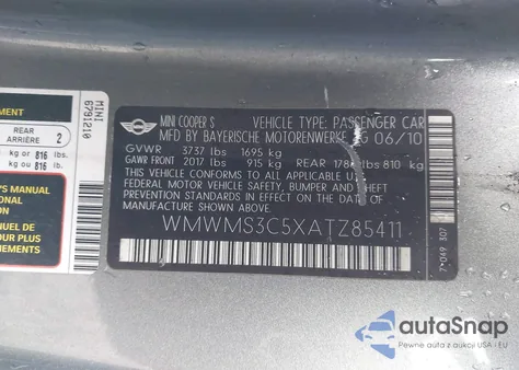 2010 Mini Cooper S из США, поврежденный, VIN WMWMS3C5XATZ85411